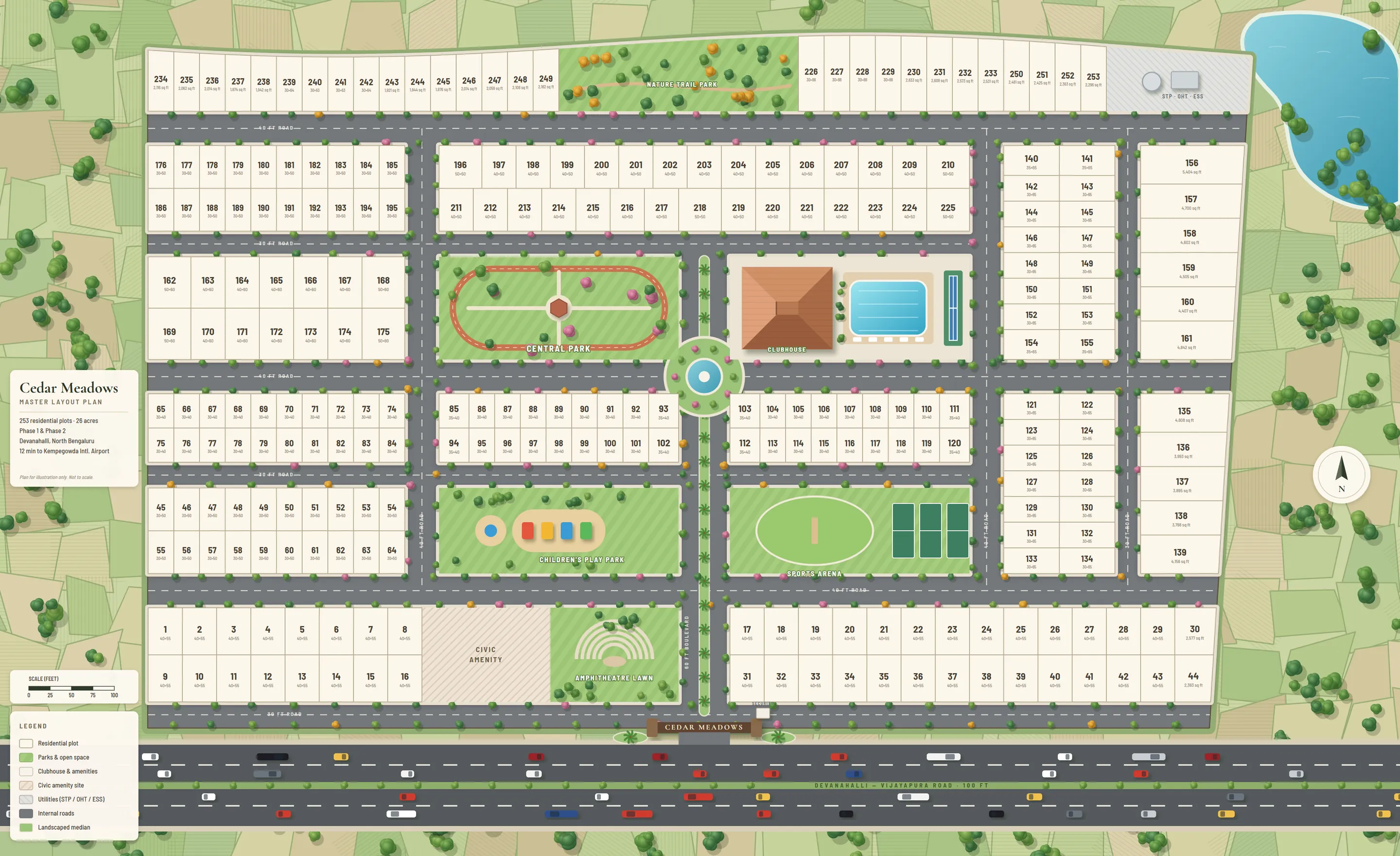 Cedar Meadows master layout: 253 plots around a central park and clubhouse